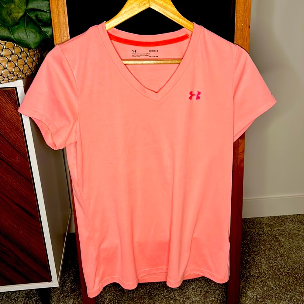 Under Armour technical short-sleeve. Medium, salmon-colored.